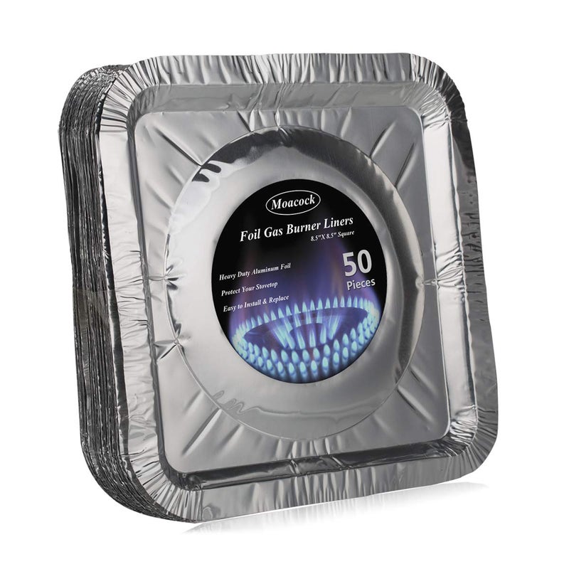 MOACOCK 50 Pack Aluminum Foil Square Stove Burner Covers Disposable Heavy Thick Quality Bib Liners Drip Pans Gas Range Top Protectors 8.5â€